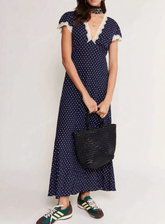 French Style Polka Dot V-Neck Slim Fit Dress